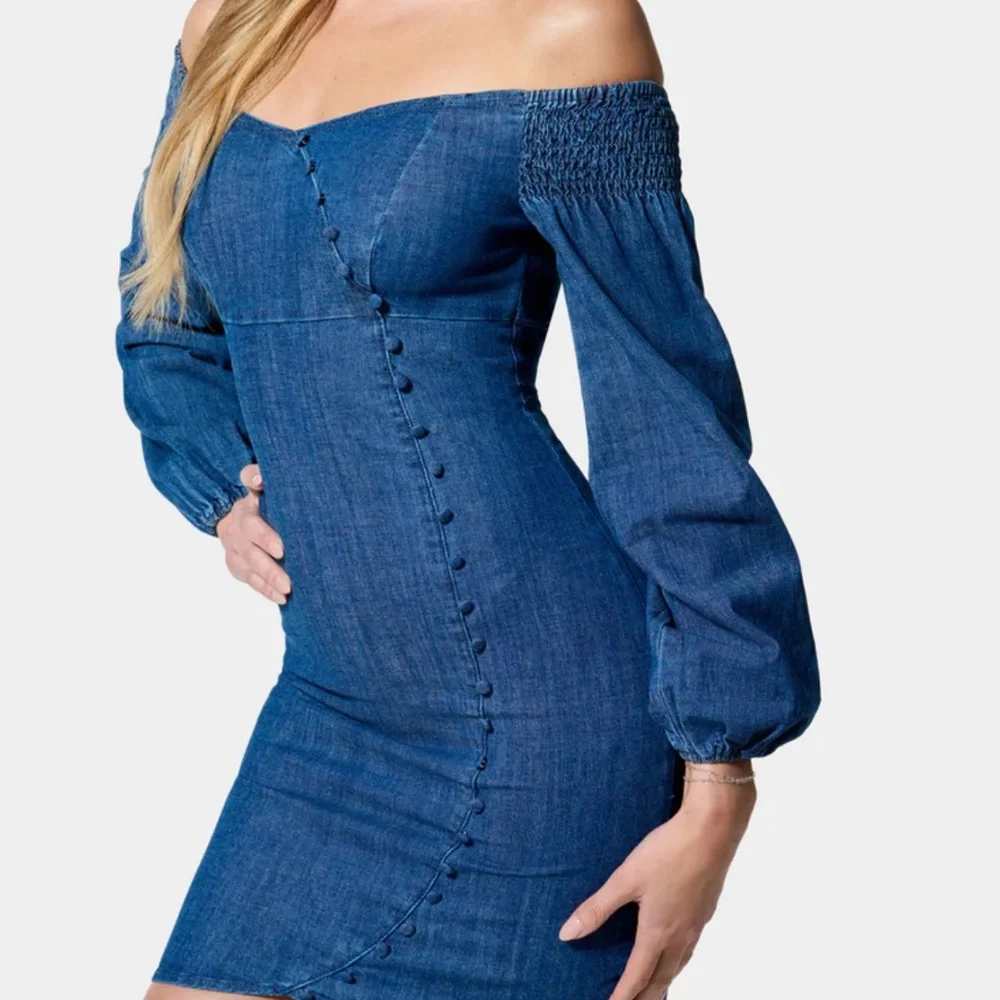 bebe Off-Shoulder Long Sleeve Denim Dress in Blue - Picture 8 of 9